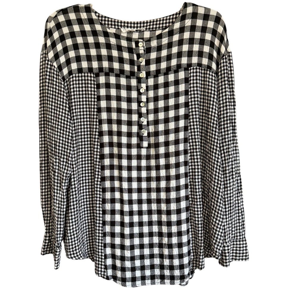 Jane + Delancey Womens Gingham Checkered Henley Blouse Black White Large